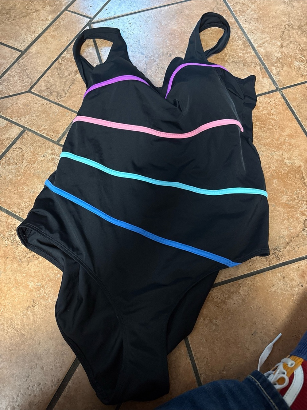 Black One-Piece Swimsuit with Multicolor Stripe Accents